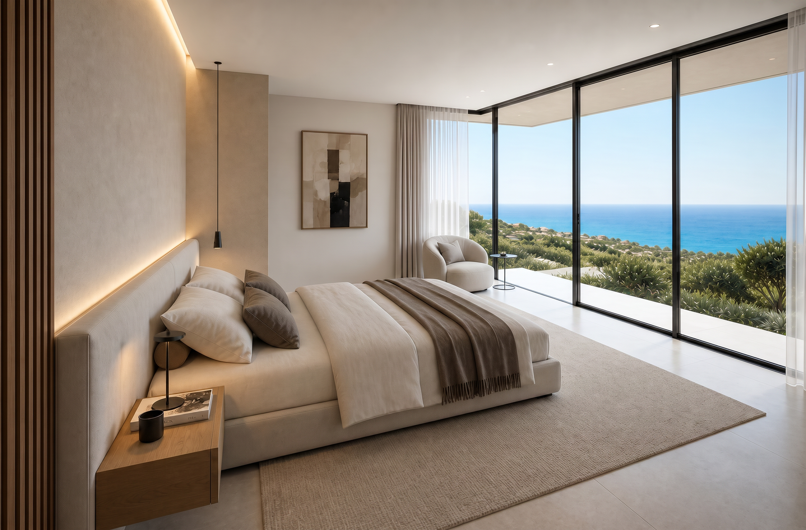 Villa Aurora — Dormitorio principal con ventanal al mar